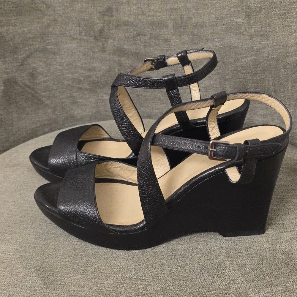 Max Mara Leather‎ Wedge Platform Size 37  US 7 Black  Open Toe